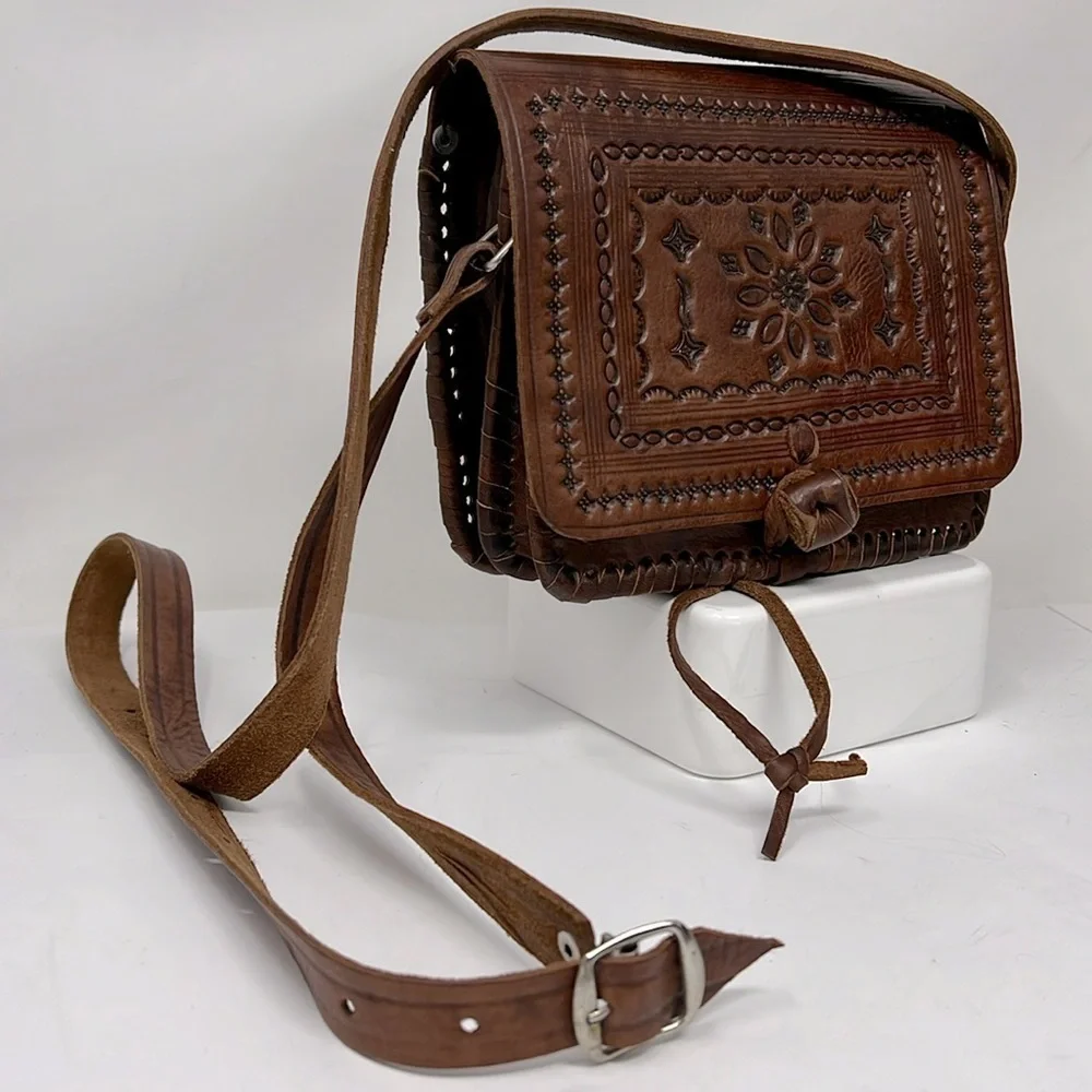 Morocco Sahara Bohemian Hand Tooled Leather Double Compartment Crossbody Bag